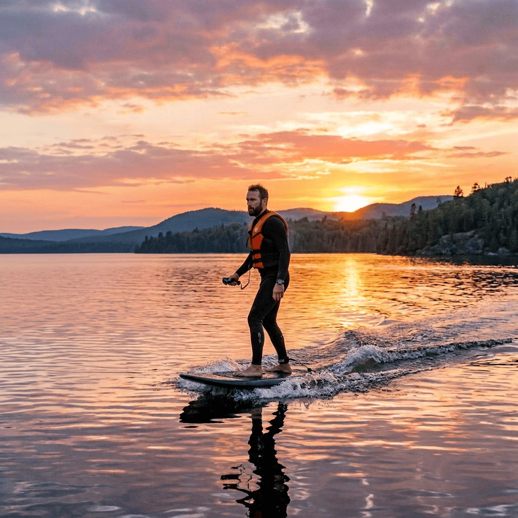 Man on electric hydrofoil board gliding over lake water at sunset